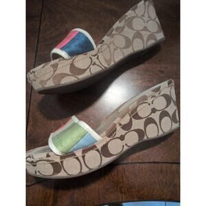 Coach Multicolor Stripe Signature Logo Wedge Heel Open Toe Slides Sandals 8.5